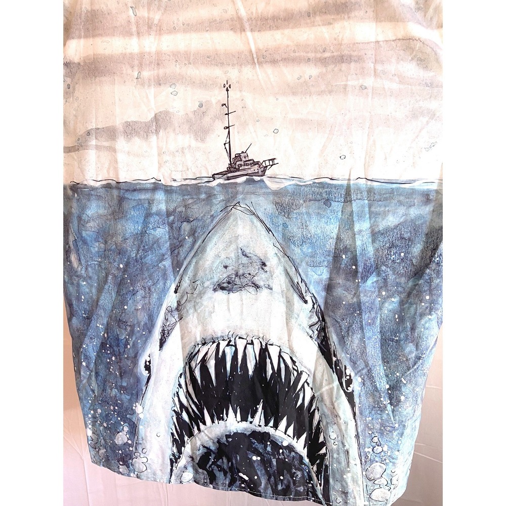 Misslook Mens Shark Graphic Button Down Shirt Short Sleeve Blue White Size L